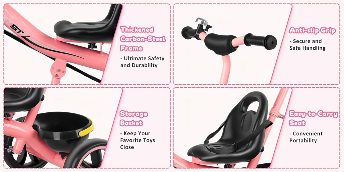 Push Handle Tricycle for Toddlers Girls Pink, 3 Wheel Trike Ages 18-60 Months with Padded Backrest — image 10