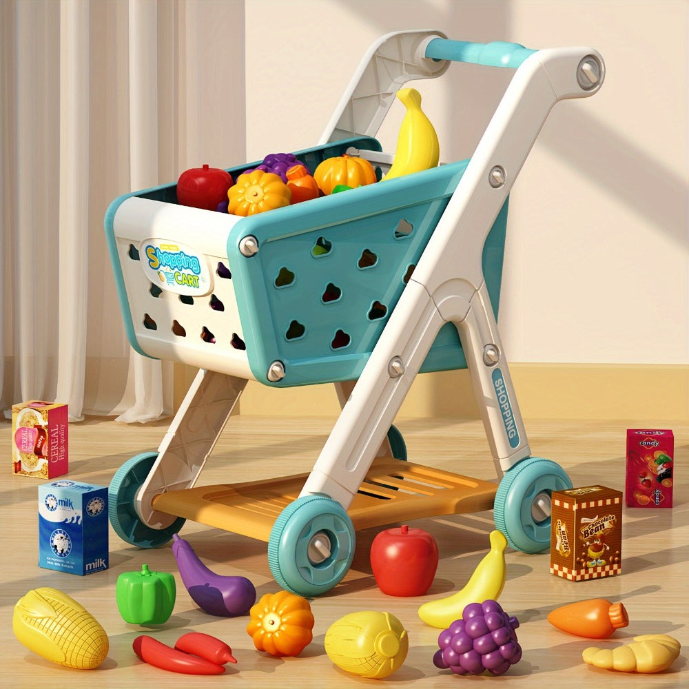 Kids Pretend Play Shopping Cart Toy Set with Realistic Food & Grocery Accessories, Supermarket Role Play for Toddlers Girls B