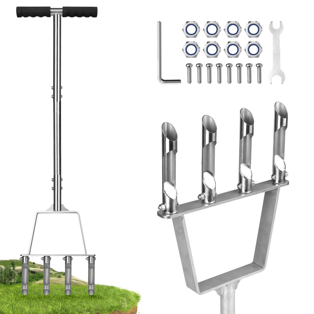 Four-Tine Manual Lawn Core Aerator in Black with T-Handle, Foot Bar and Hollow Plugging Tubes — image 1