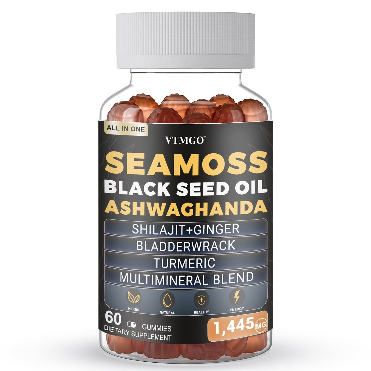 Sea Moss Gummies 1445mg with Shilajit Black Seed Oil Ashwagandha Elderberry Chlorophyll Turmeric Bladderwrack Ginger — image 