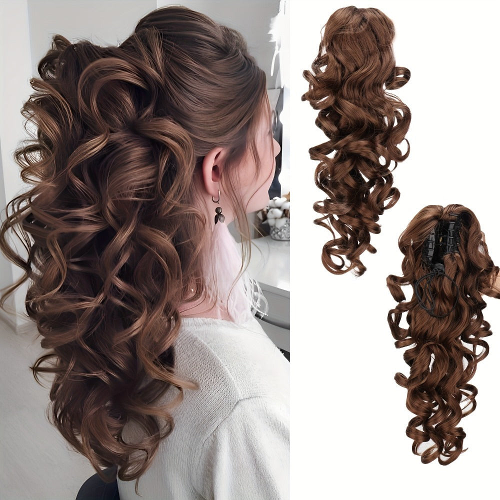 Scroll Curl Claw Clip Ponytail Extension Gradient Color 16 Inch | Synthetic Heat Resistant Hairpiece 5 Colors Linen Brown Gol