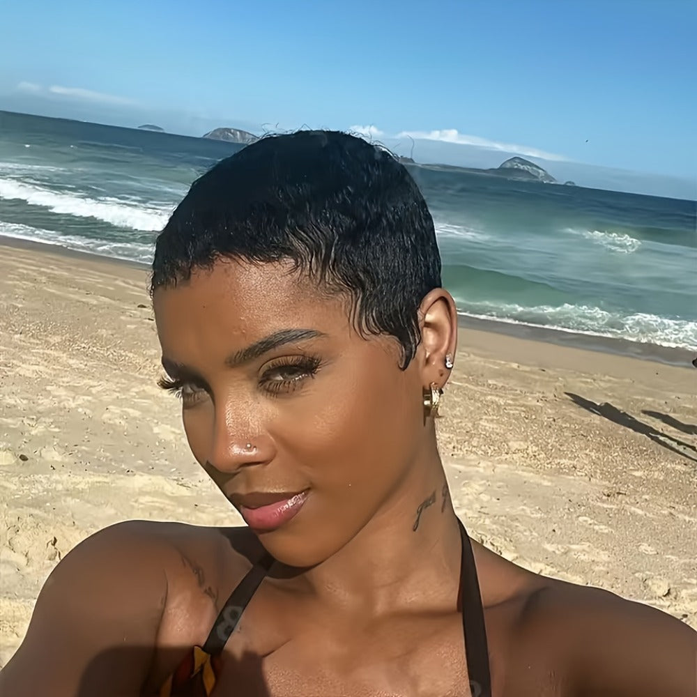 Deep Wave Pixie-Cut Human Hair Wig with Bangs and Short Full Cap in a Black 4-Inch Hair Style — image 5