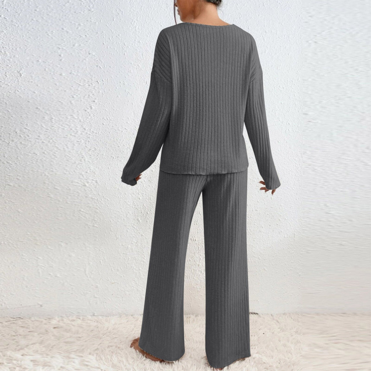 Long Sleeve V-neck Knitted Sunken Stripe Brushed Loose Leisure Suit