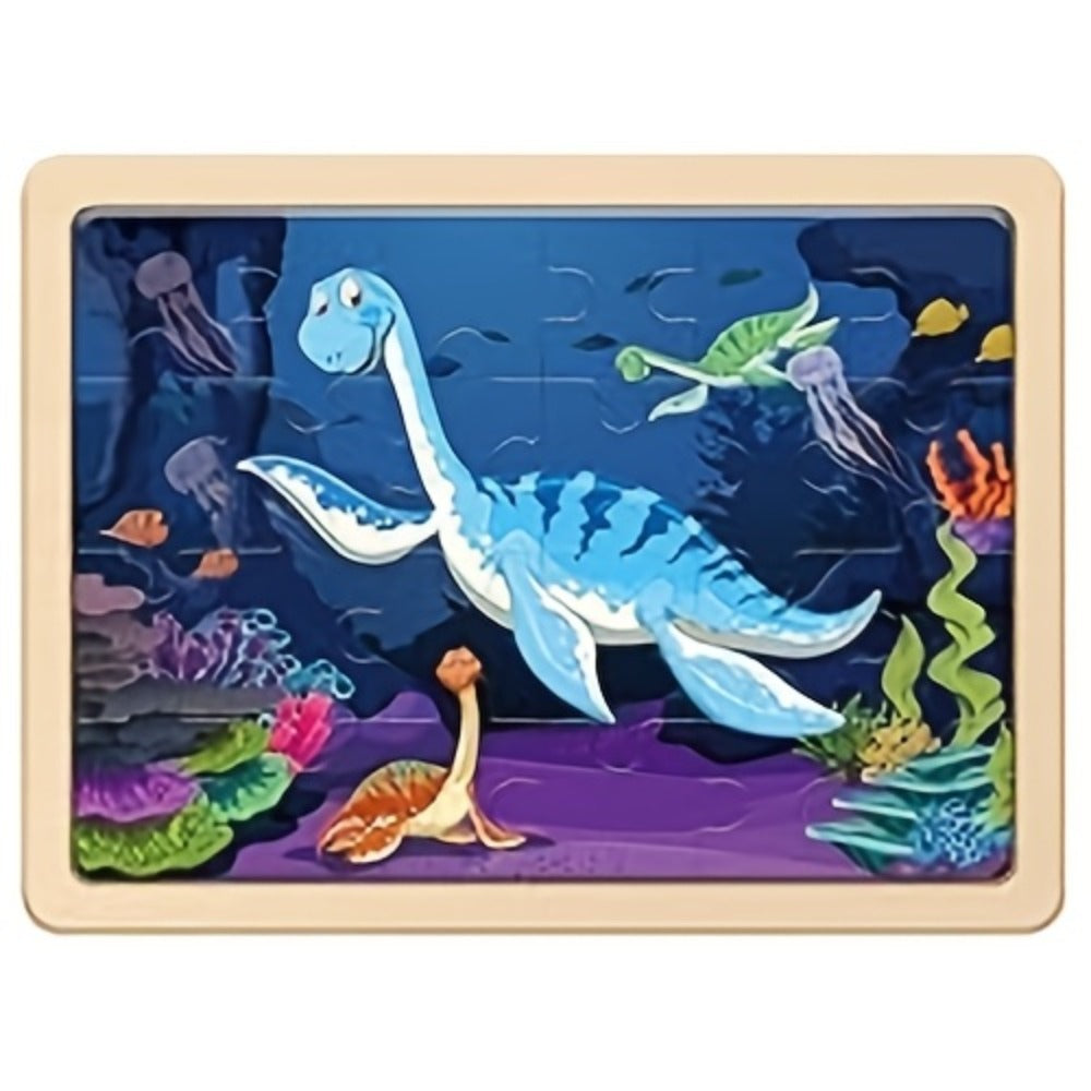 Dinosaur Puzzle Set for Kids Ages 3-8 Wooden 4-in-1 Jigsaw with 24 Pieces Each, Colorful Preschool Educational Toy for Boys &