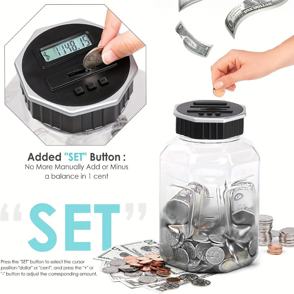 Digital Coin Counting Piggy Bank for Adults, Extra Large 2.4L LCD Counter Jar, Transparent Acrylic Money Saving Bank with Dis