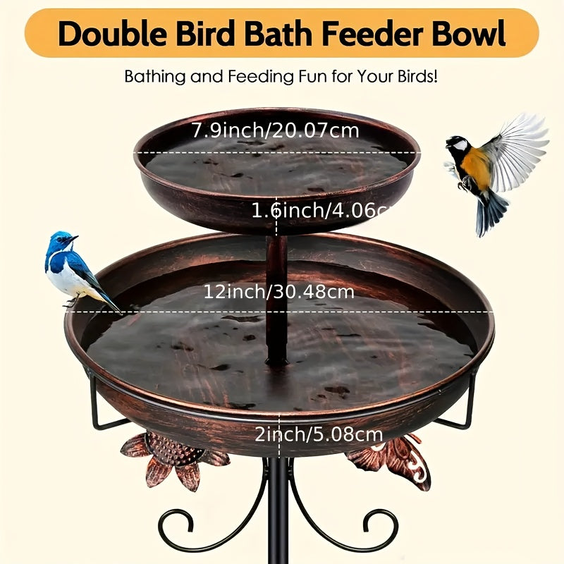 Two-Tier Bird Bath and Feeder with 5-Claw Ground Stake, Copper-Color Bowls and Leaf Accents — image 9