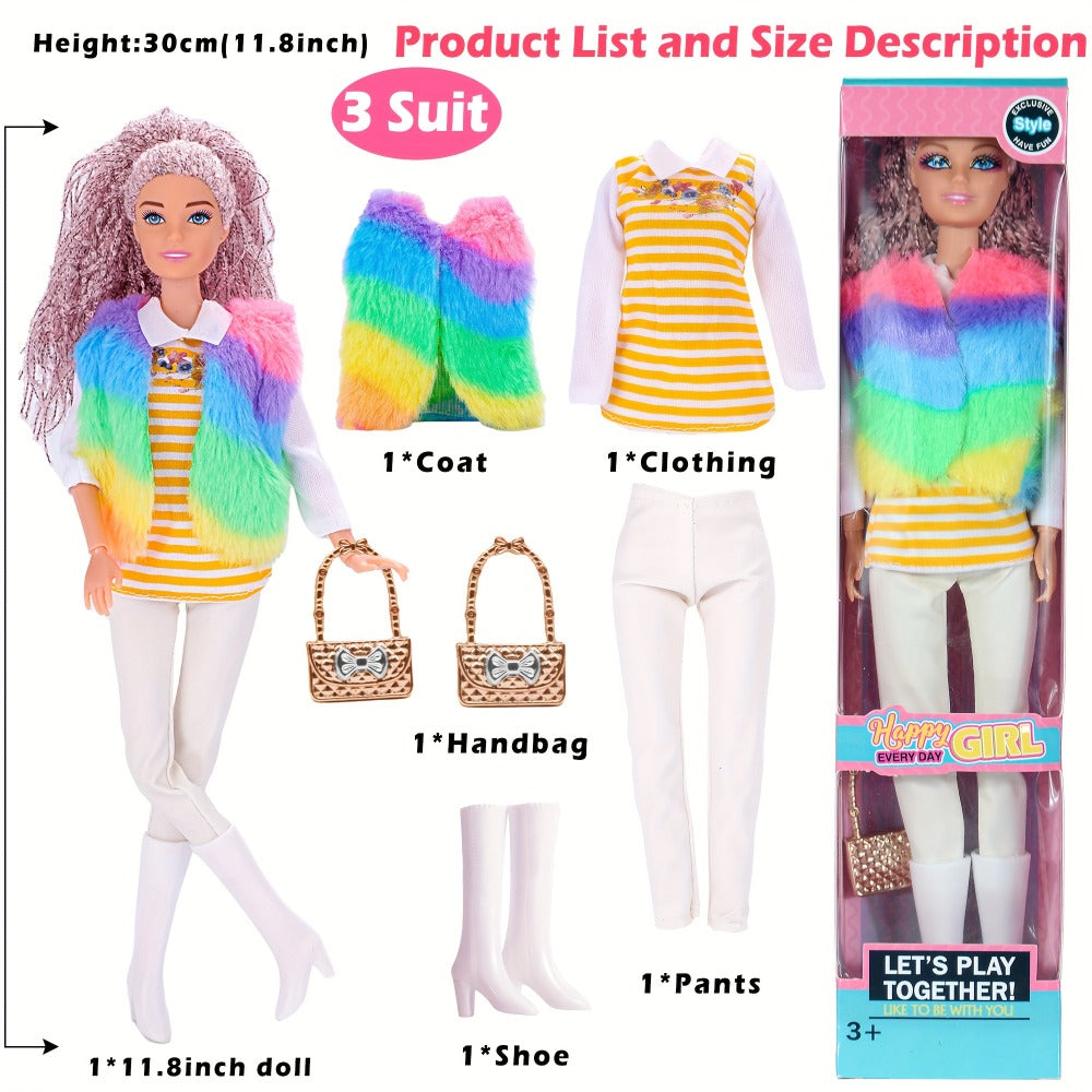 Six-Piece 11.5-Inch Fashion Doll Set with Mixed Outfits, Handbags, Hats, Necklaces and Suitcase Accessories — image 11
