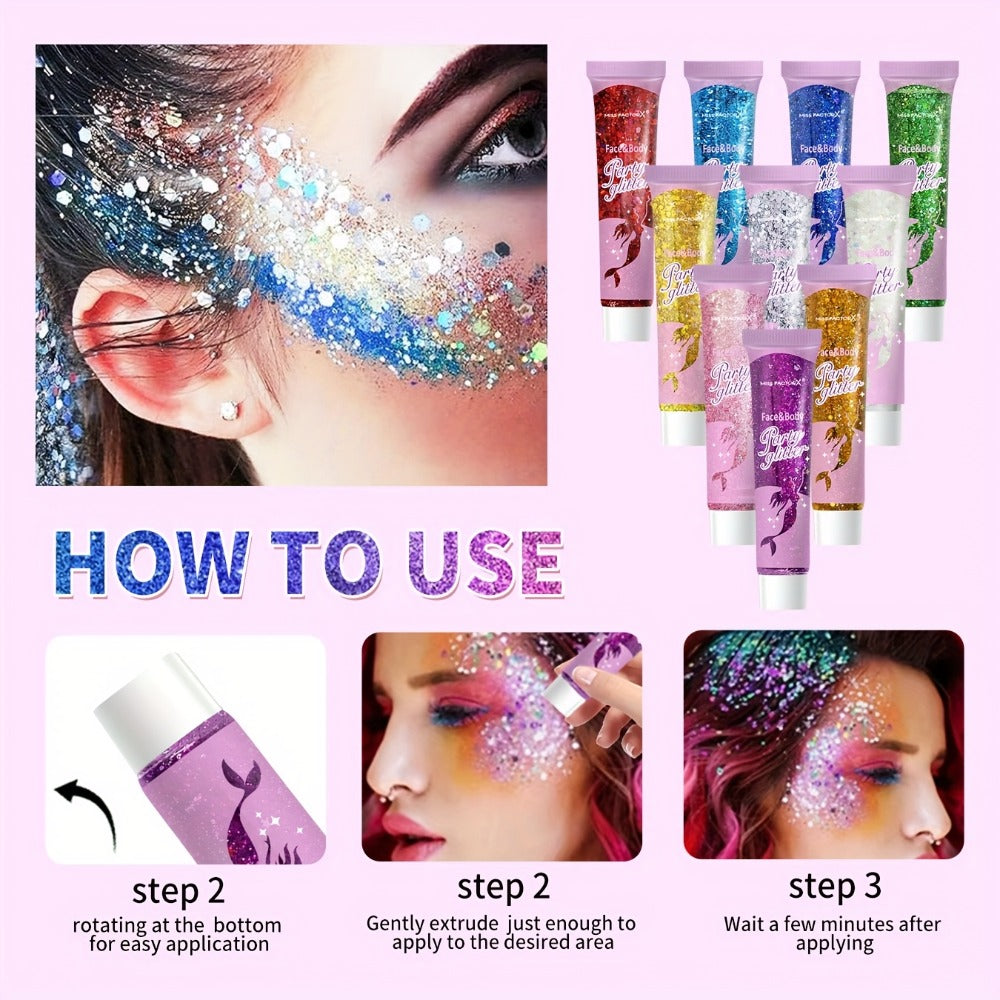 Face Body Glitter Gel Set 30 Pieces – Colorful Shapes Mermaid Sequin Stars Hearts, Transparent Gel Base, Skin-Safe Shimmer Ma
