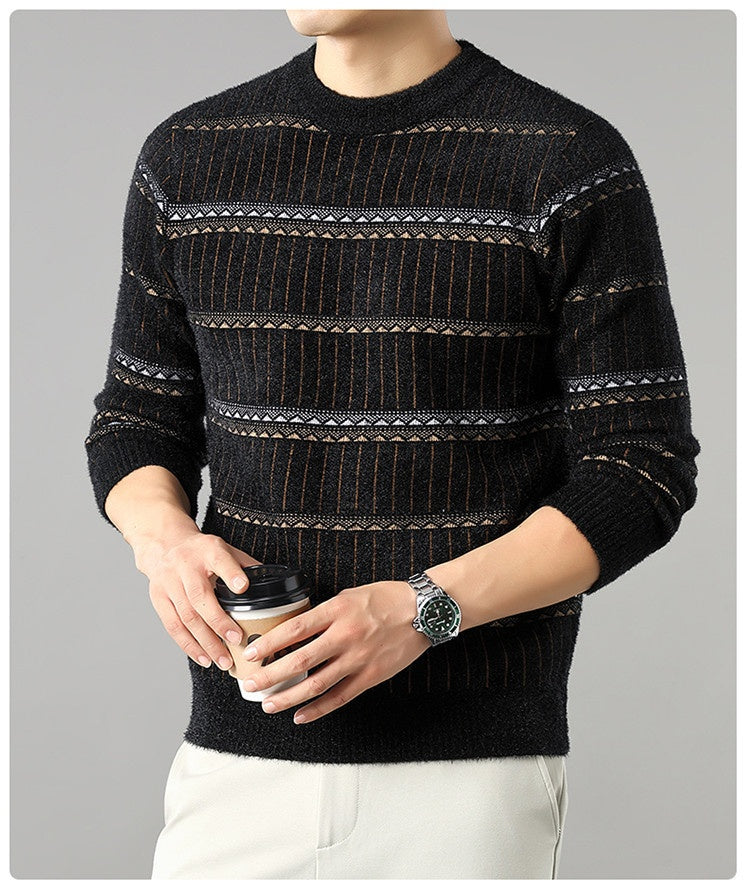 Mens Knitted Fleece-lined Thick Crew-neck Faux Mink Sweater