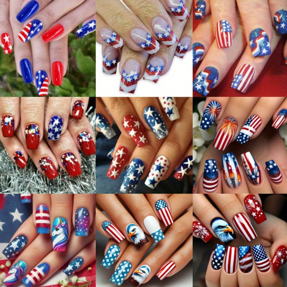 Press On Nails 216-Piece Medium Coffin Nine-Pack Red White Blue Stars and Stripes Patriotic Set — image 4