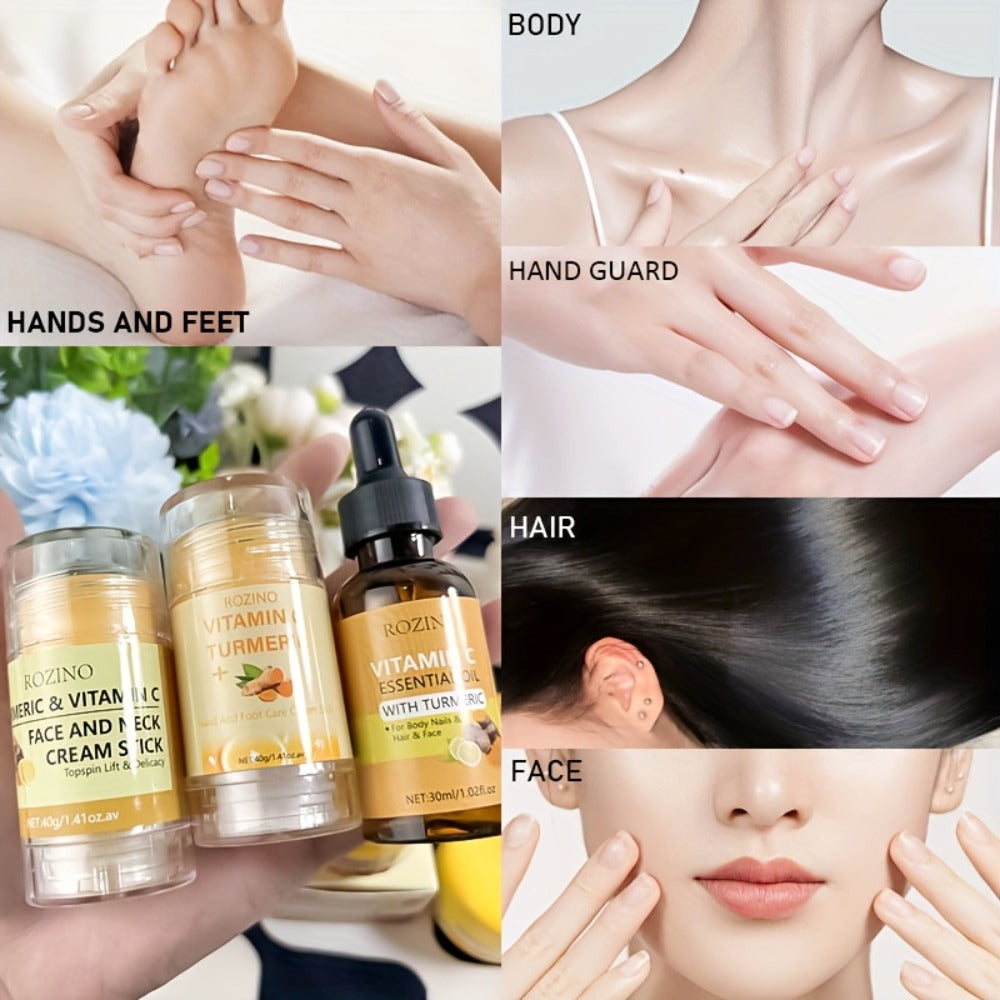 Skincare Set with ROZINO Label, 5 Turmeric and Vitamin C Cream and Serum Items for Face Hands and Feet — image 2