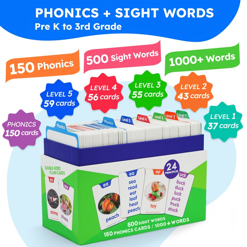 Sight Words Flash Cards 500 Cards & 150 Phonics Cards Set 1000+ Dolch Fry High Frequency Words CVC Blends Long Vowels | Learn
