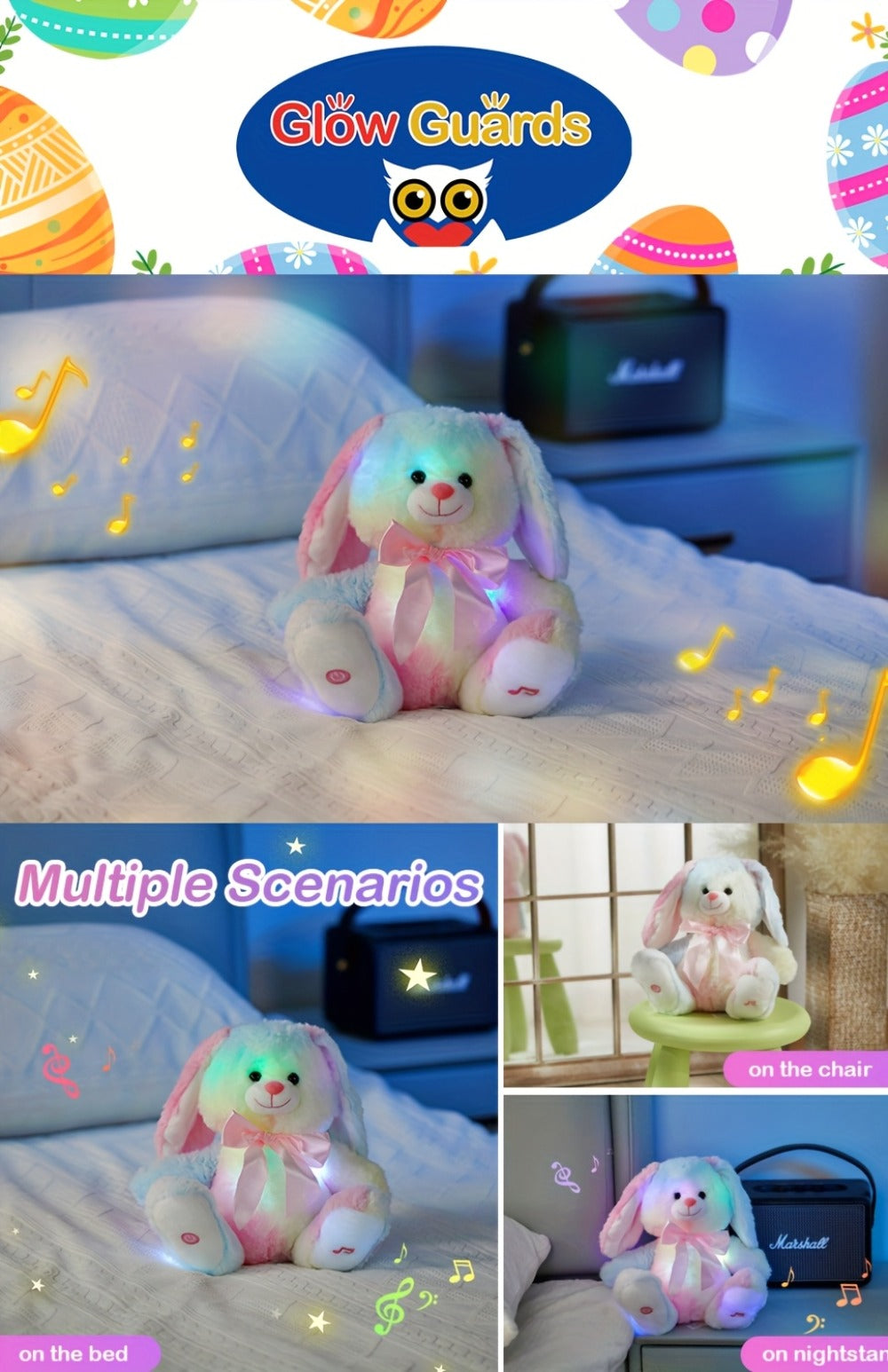 Musical Glowing Bunny Plush Toy 10 Inch, Rainbow Lop Ear Rabbit Stuffed Animal with LED Night Light & Lullaby Music for Toddl