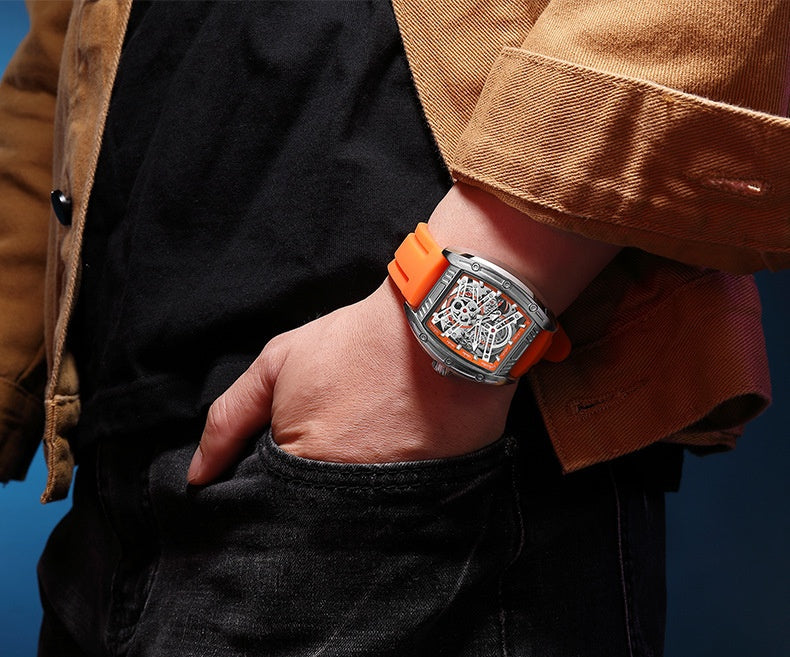Men's Wine Barrel Type Mechanical Watch Silicone Tape