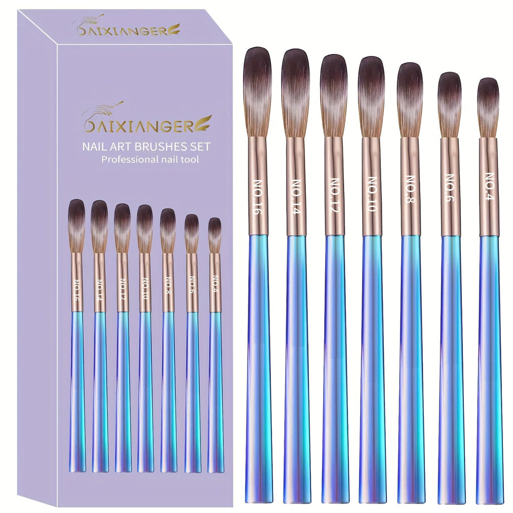 Nail Art Brush Set 7Pcs Aurora Blue Handle – Professional Acrylic Gel UV Nail Painting Brushes for Sculpting Dotting Liner Dr