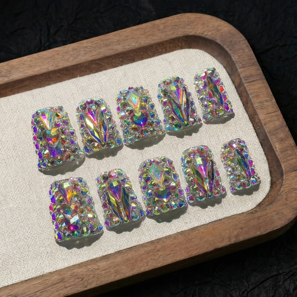 Press On Nails 10-Piece Short Duckbill Set with Glossy Mixed Colors, AB Crystals and Gel Adhesive Tabs — image 7
