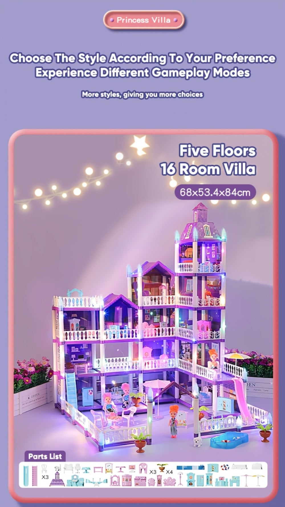 LED Dollhouse Playset for Girls, Purple Multi-Room Playhouse with Doll Figures, Puppies, Furniture & LED Lighting — image 24