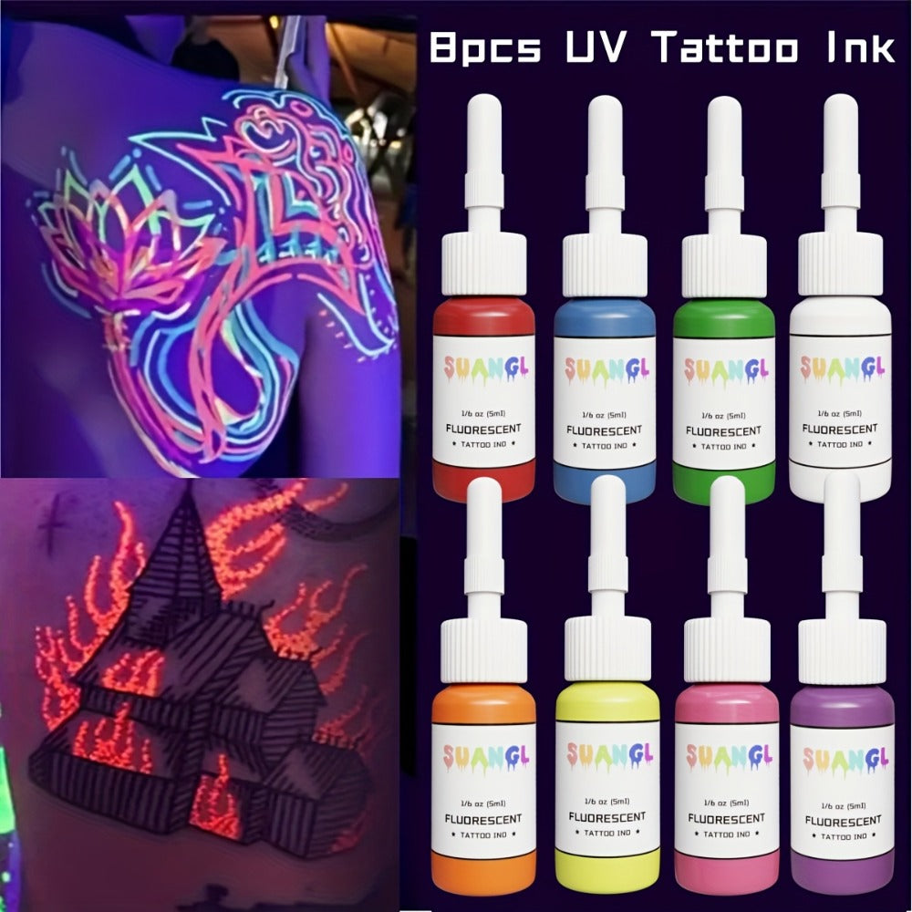 Tattoo Ink UV Fluorescent Set with 5ml Bottles in 5-, 8-, 11- or 15-Color Bottle Options with Item-Specific Color, Capacity a