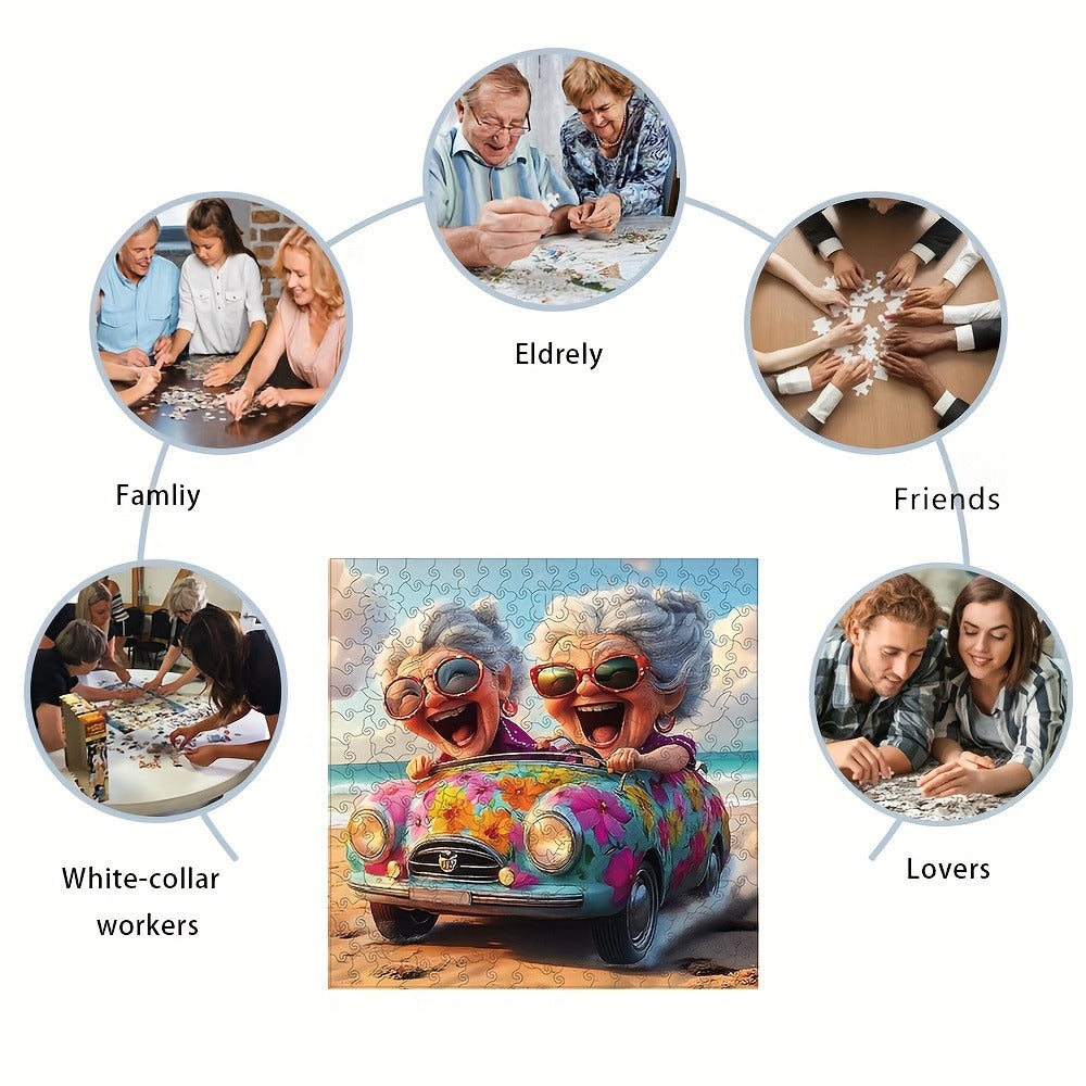 Happy Old Lady Wooden Jigsaw Puzzle with Irregular Pieces and 5.7 or 11.2 Inch Checkout Size Options — image 7