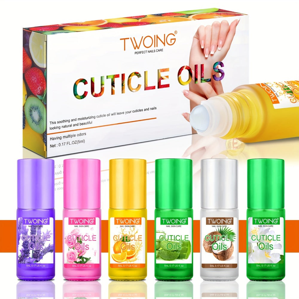 Cuticle Oil Set 6 Scents with Jojoba Oil Grape Seed Oil & Vitamin E – Paraben-Free Plant-Based Daily Nail Treatment for Dry D