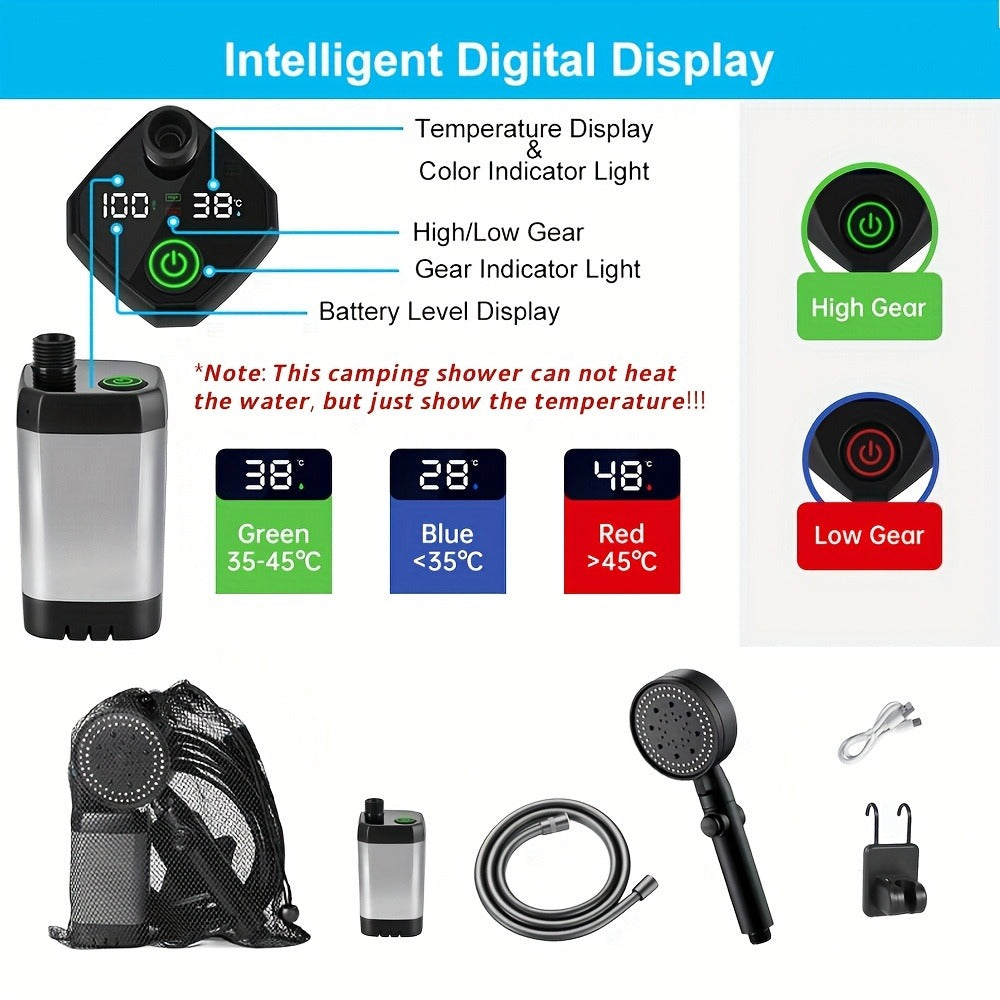Portable Camping Shower – 6000mAh Battery, 120-Min Runtime, 6 Spray Modes, Smart Display, for Camping, Car Washing, Pet Clean