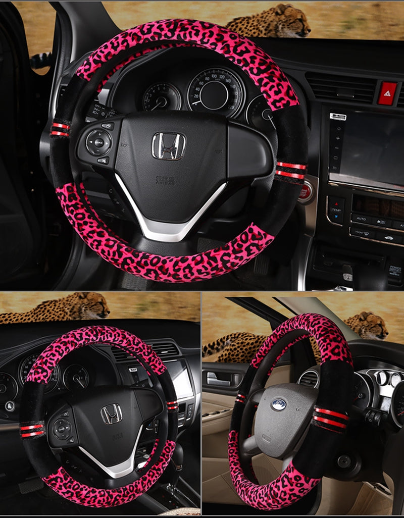 Winter Plush Car Steering Wheel Covers Leopard Grain