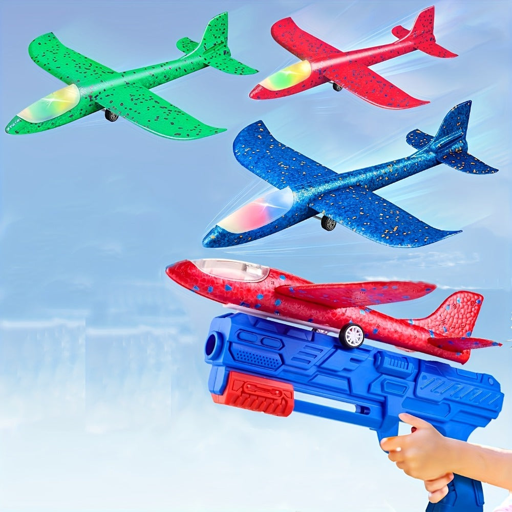 Foam Airplane Launcher Toy Set with 3 Foam Planes & Catapult, 2 Flight Modes Outdoor Flying Glider Toy for Kids Boys Girls Ag