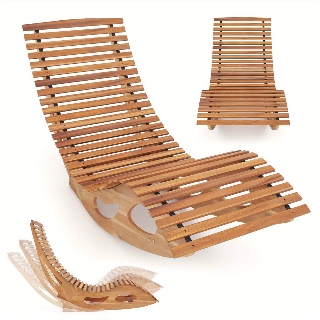 Acacia Wood Rocking Chaise Lounge Outdoor High Back Slatted Seat Stopper Patio Rocker for Deck Poolside Garden — image 2