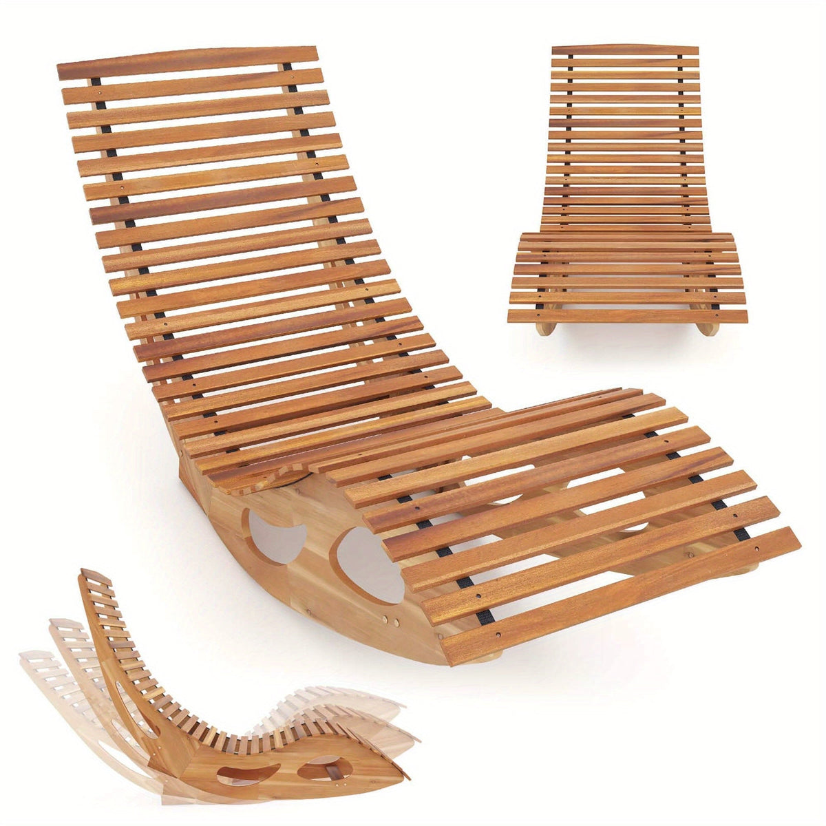 Acacia Wood Rocking Chaise Lounge Outdoor High Back Slatted Seat Stopper Patio Rocker for Deck Poolside Garden — image 2