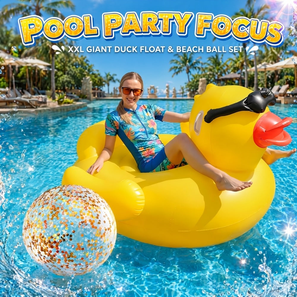 Giant Yellow Duck Pool Float, 67-Inch Ride-On Inflatable with One 16-Inch Beach Ball for Pool Parties — image 3