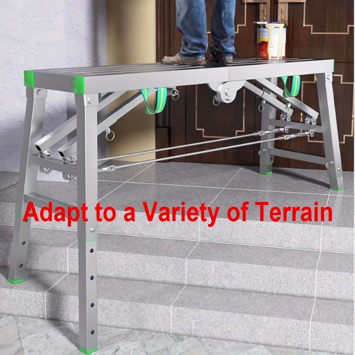 Scaffolding Work Platform Folding Steel Step Ladder Adjustable Height Portable Drywall Bench for Garden, Patio and Yard Use —