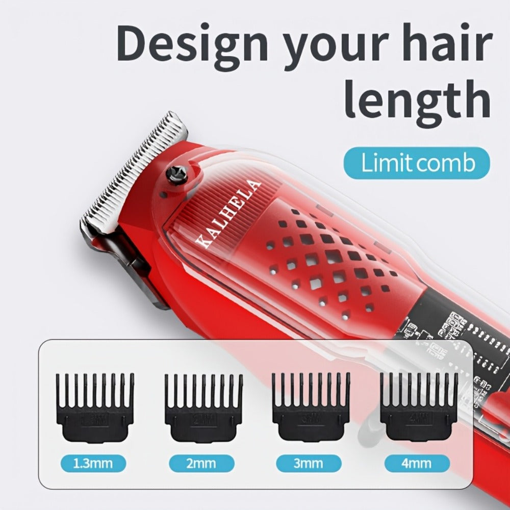 Transparent Electric Hair Clipper with Digital Display, Four Guide Combs, Grooming Tools and Red, Black or Blue Finish — imag