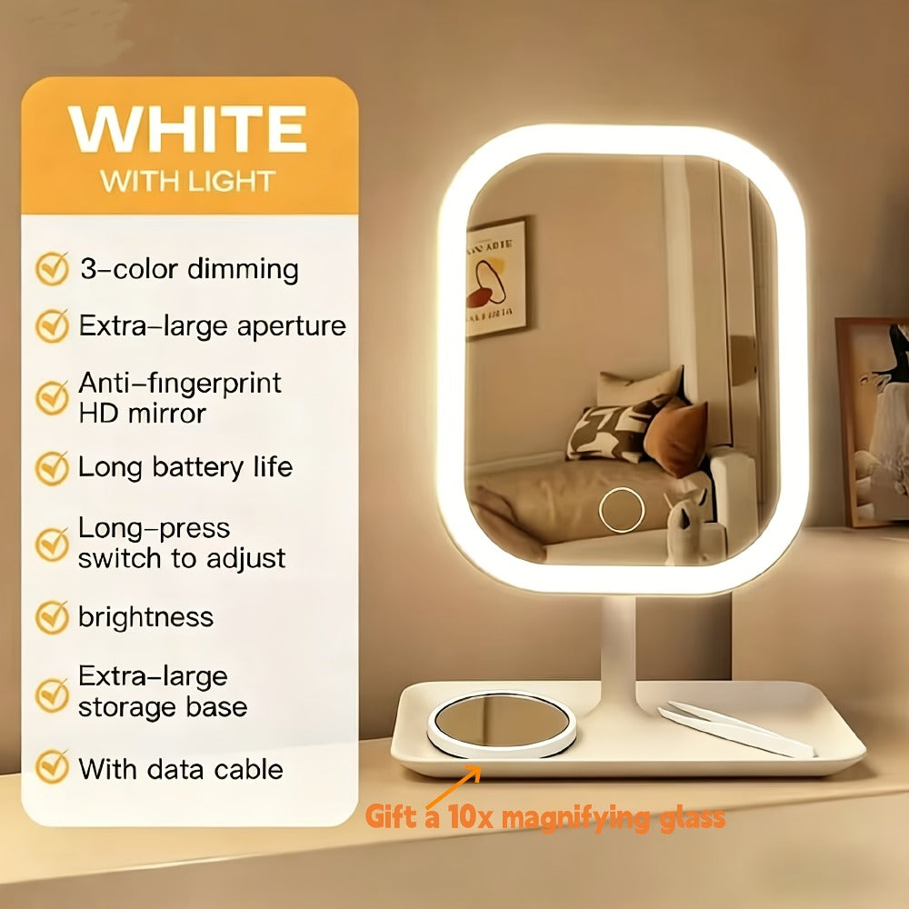 LED Makeup Mirror with Lights Rechargeable, Foldable Lighted Vanity Mirror 3 Color Modes Touch Dimming Portable Stand — image