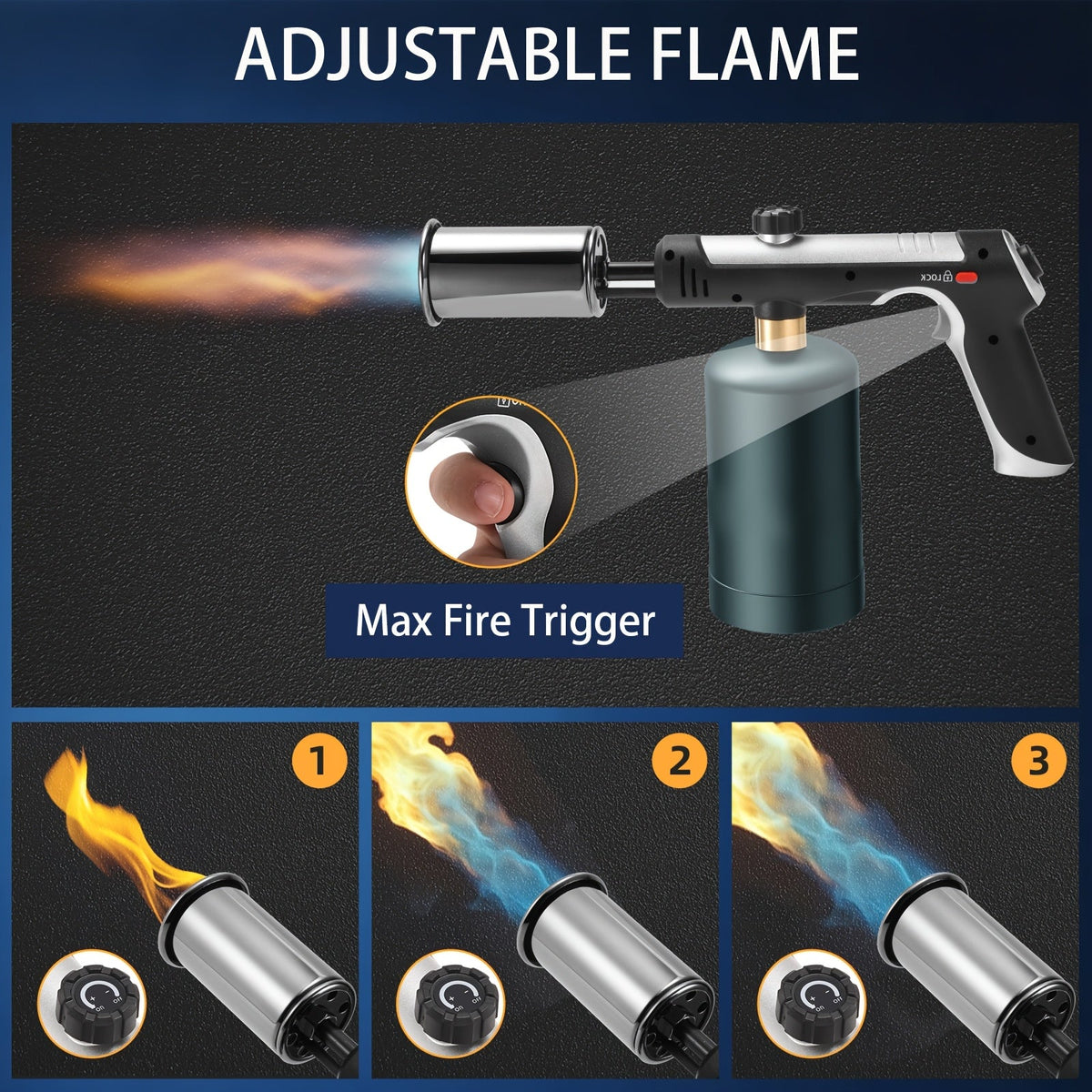Propane Torch Gun with Safety Lock & One-Touch Max Fire, Adjustable Flame Butane Burner for Searing Steak — image 5
