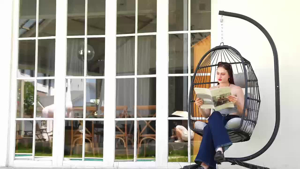 Outdoor Egg Chair with Stand Rattan Wicker Hanging Swing Hammock Chair Thickened Aluminum Frame UV-Resistant Cushion 350LBS C