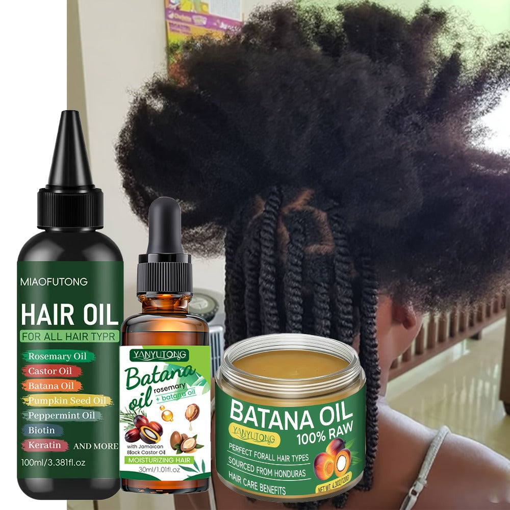 Biotin Hair Oil 3-Piece Set with Cold-Pressed Bataina Oil Essential Oil & Conditioner, Strengthens Breakage Split Ends Enhanc