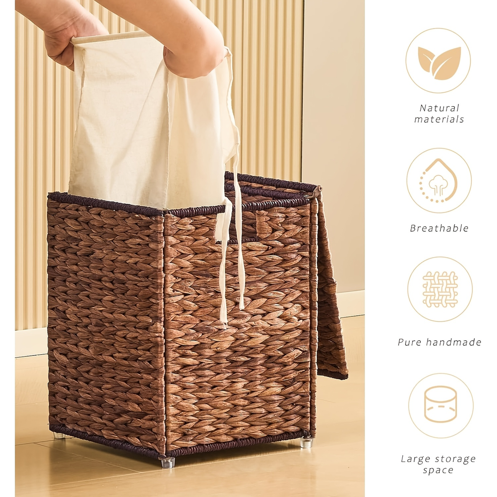 Laundry Basket with Lid & Handles – Handwoven Water Hyacinth Wicker Hamper, Removable Cotton Liner — image 3