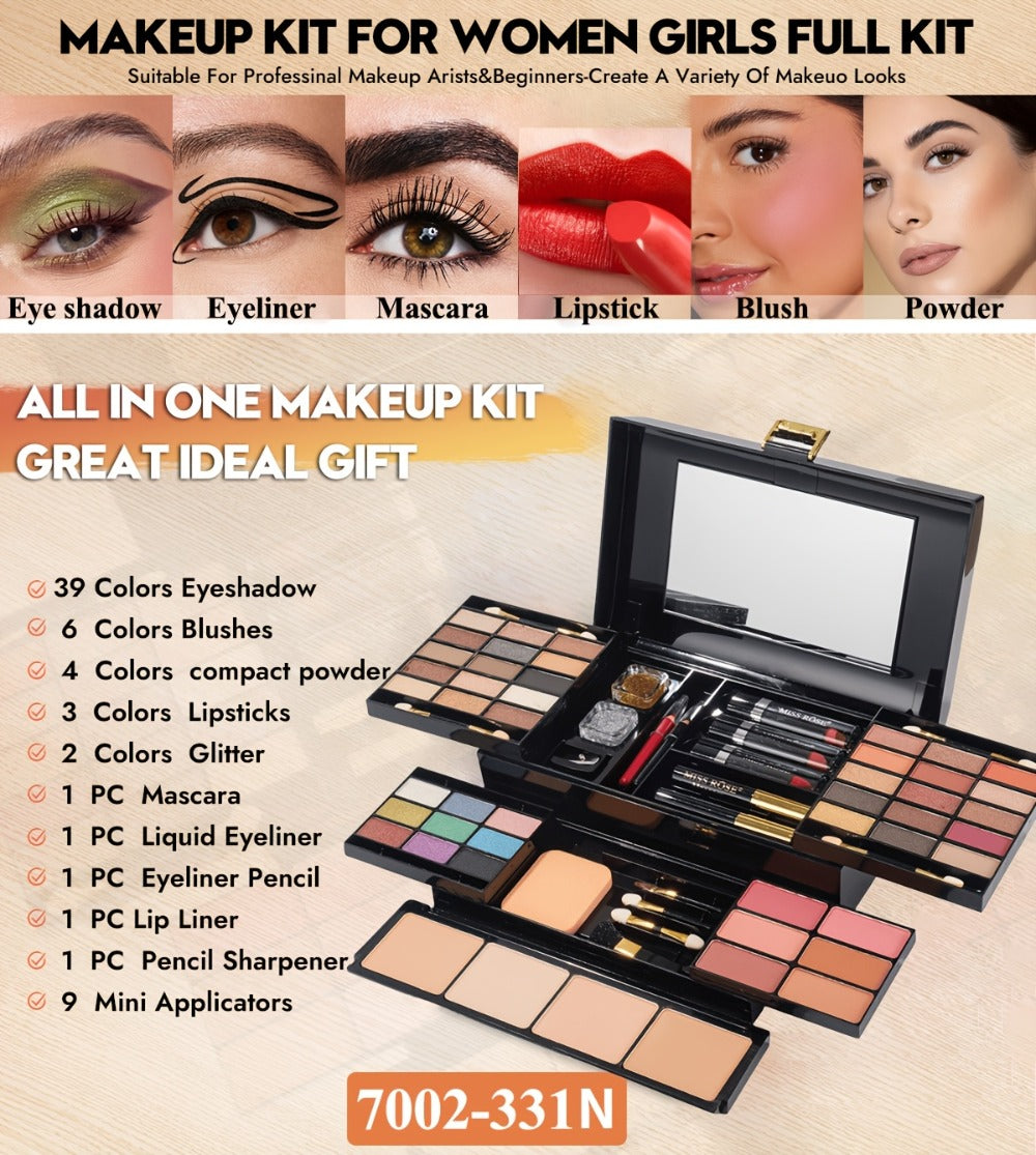 Makeup Kit 58-Color Black Mirror Case with Sliding Trays for Face, Eye and Lip Cosmetics plus Application Tools — image 22