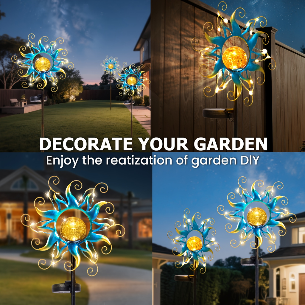 Solar Garden Lights Blue Sun-Shaped LED Stake, IPX4 Rated with Separate Solar Panel for Path Decor — image 7