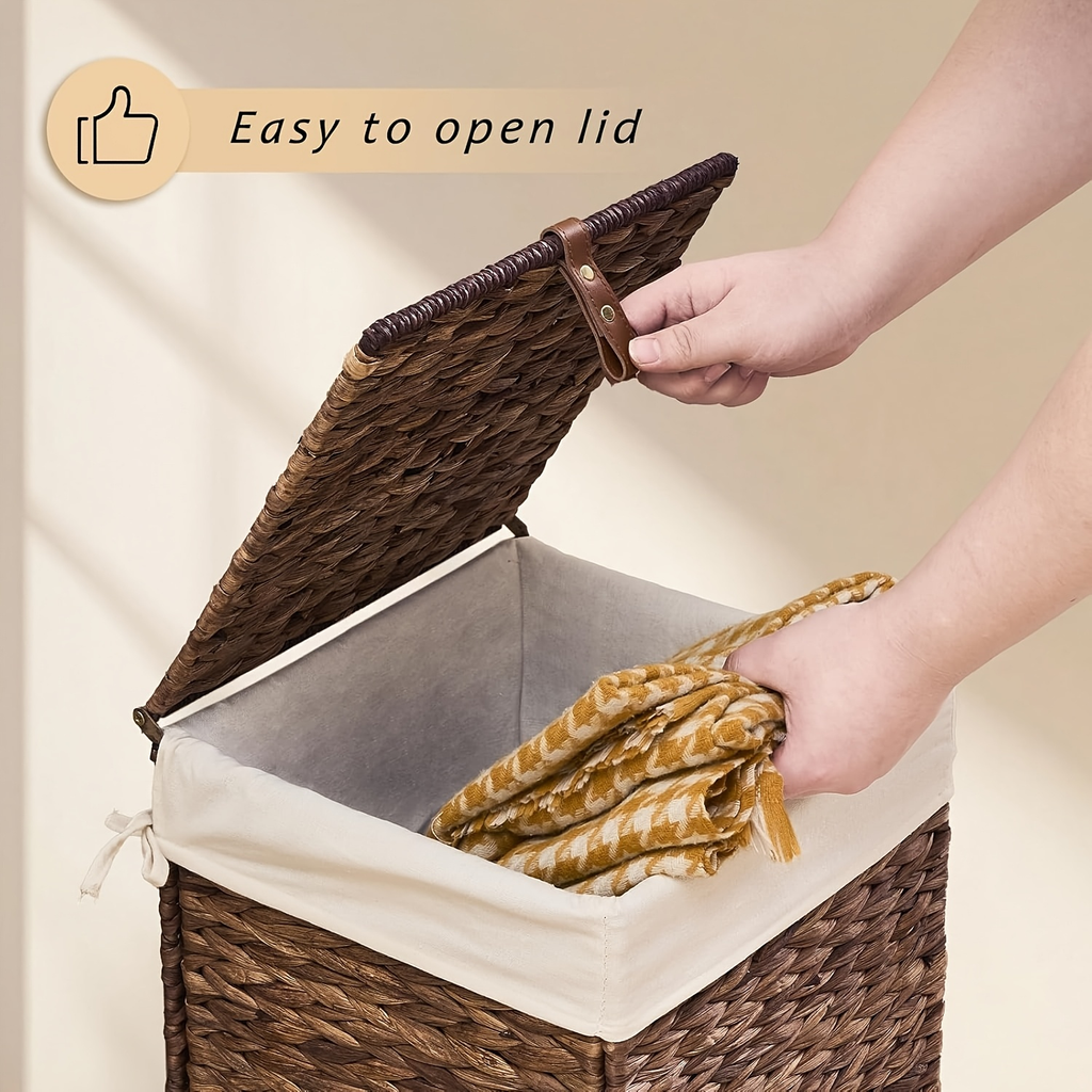 Laundry Basket with Lid & Handles – Handwoven Water Hyacinth Wicker Hamper, Removable Cotton Liner — image 12