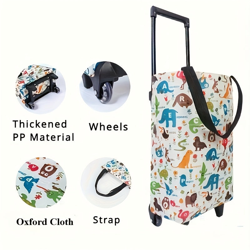 Folding Shopping Cart 2-in-1 Oxford Large Capacity Portable Tote Bag Reusable Grocery Bag on Wheels for Camping Business Deli