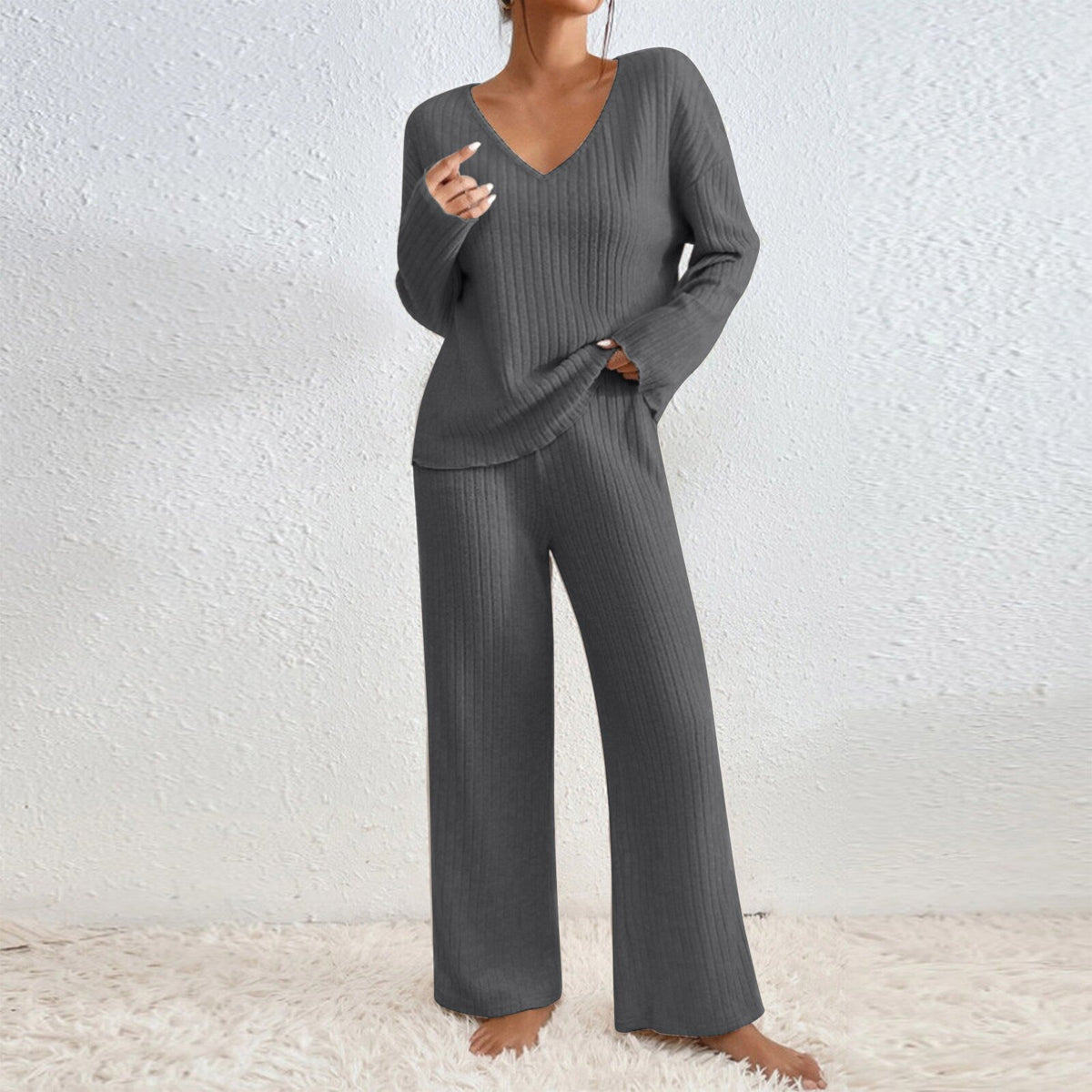 Long Sleeve V-neck Knitted Sunken Stripe Brushed Loose Leisure Suit