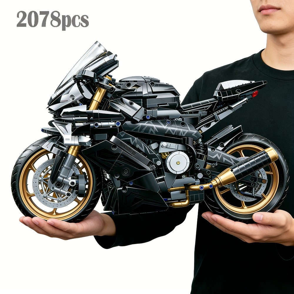Motorcycle Building Blocks Model Kit 1:5 Scale 2000+ Pieces, Platinum Gold & White Collectible Brick Motorbike Display Set — 