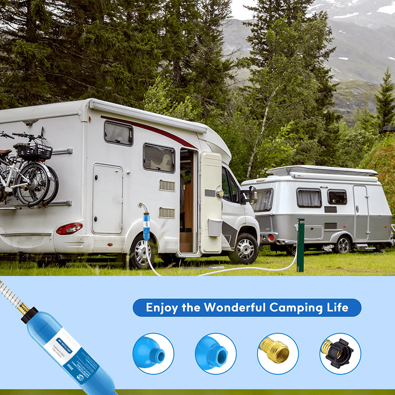 RV Water Filter with Flexible Hose Protector – Inline Hose Filter, Reduces Chlorine, Odors & Sediment, BPA-Free, for RV, Camp