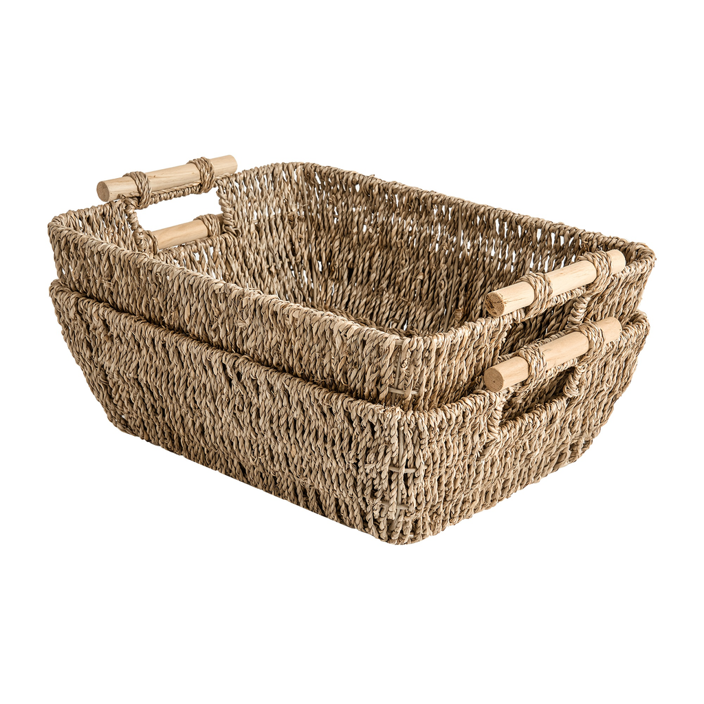 Water Hyacinth Woven Storage Baskets 2-Pack with Wooden Handles in Natural Seagrass Options — image 9
