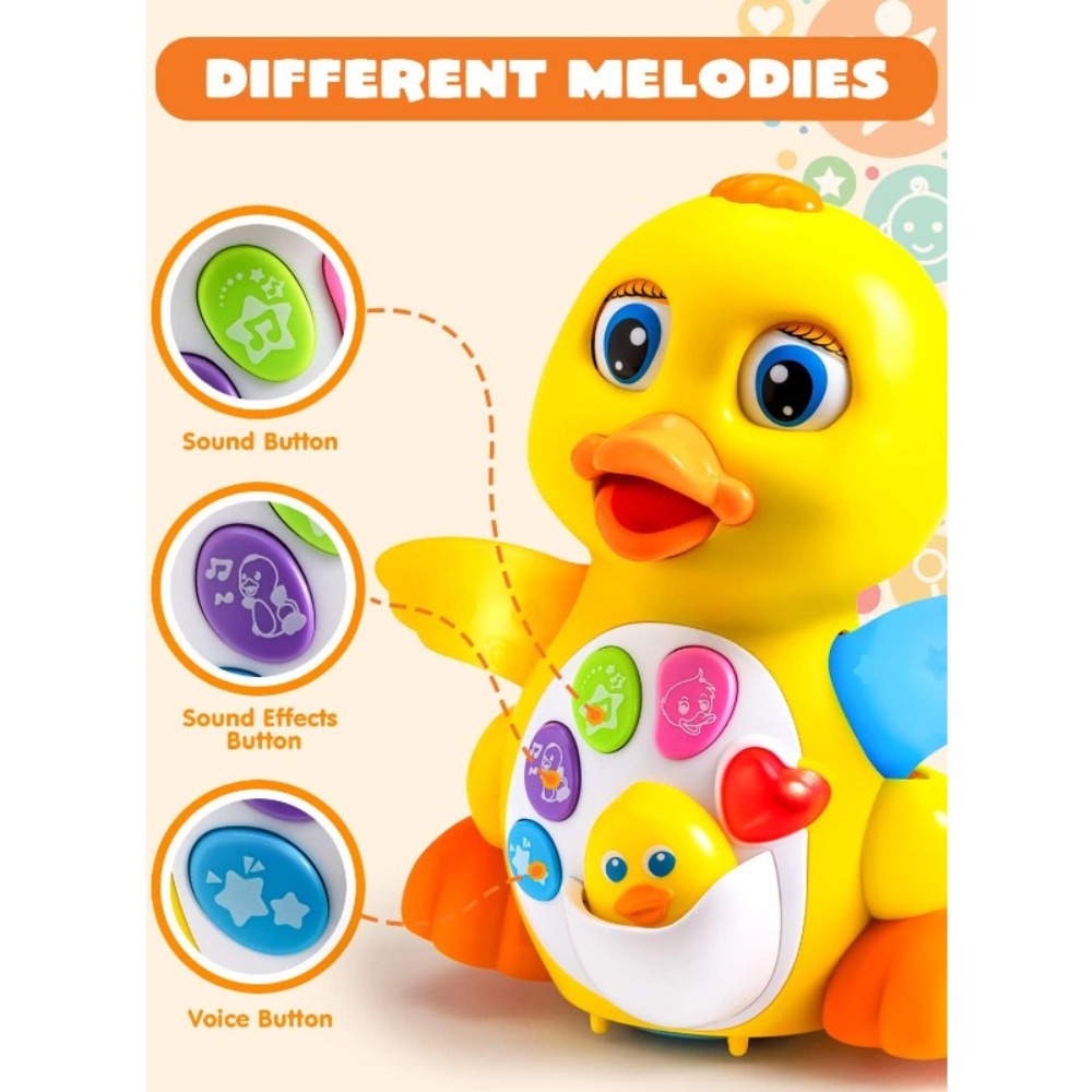Musical Walking Duck Toy with Five Front Buttons, Flashing Wings and Rotating Wheel Base Pictured — image 3