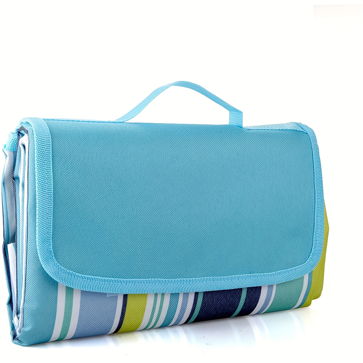 80 x 60-Inch Picnic Blanket in Blue and Green Striped 600D Oxford Fabric with Folding Carry Handle — image 2