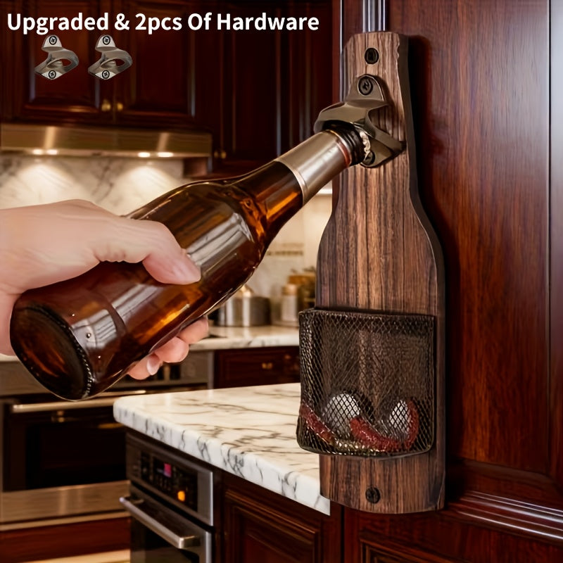 Wooden Bottle Opener Wall Mounted with Metal Cap Catcher – Handcrafted Rustic Beer Opener, Freestanding or Wall Mount, Holida