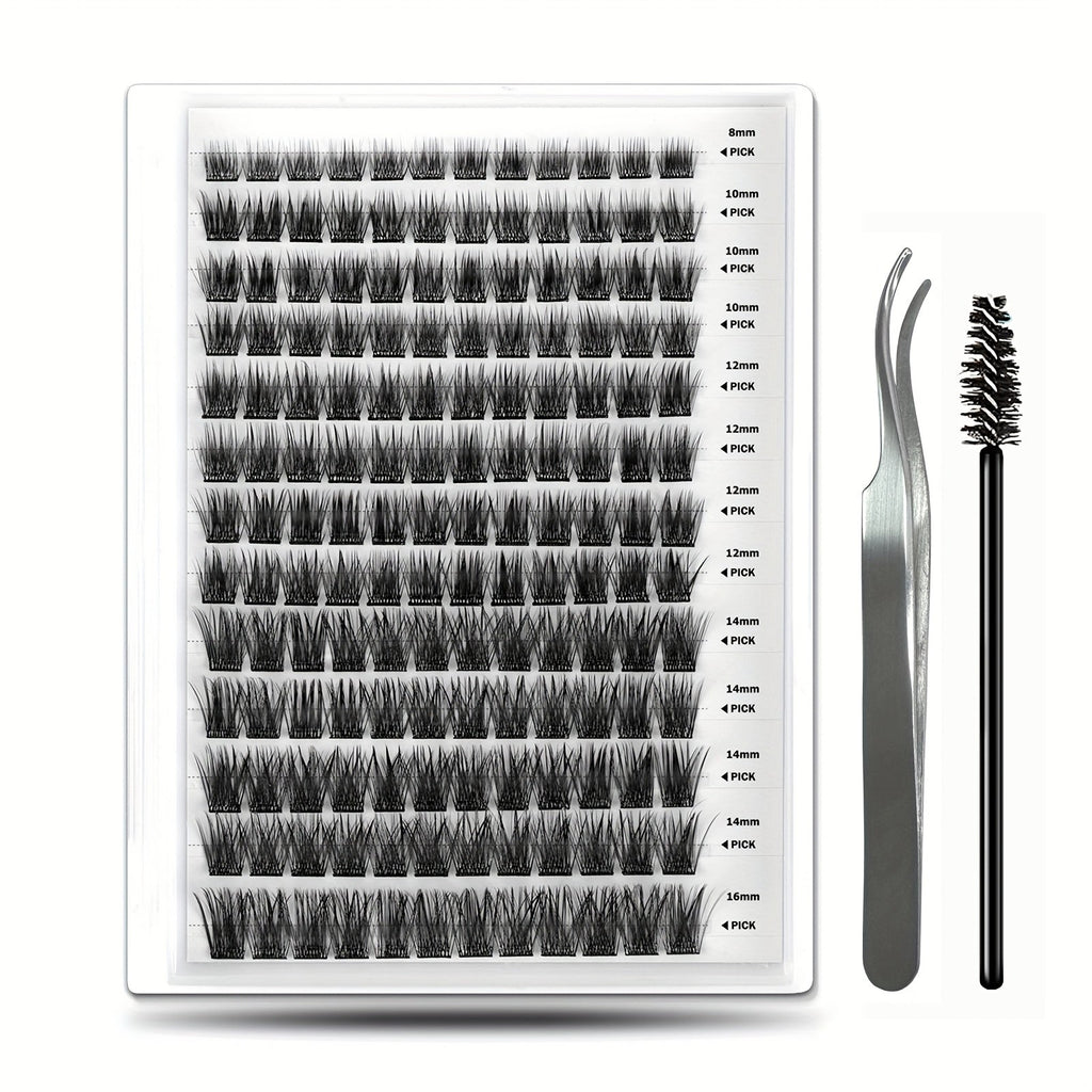 156-Piece Mixed Self-Adhesive Lash Cluster Tray with Black Tweezers and Spoolie Brush in Mixed Style — image 1