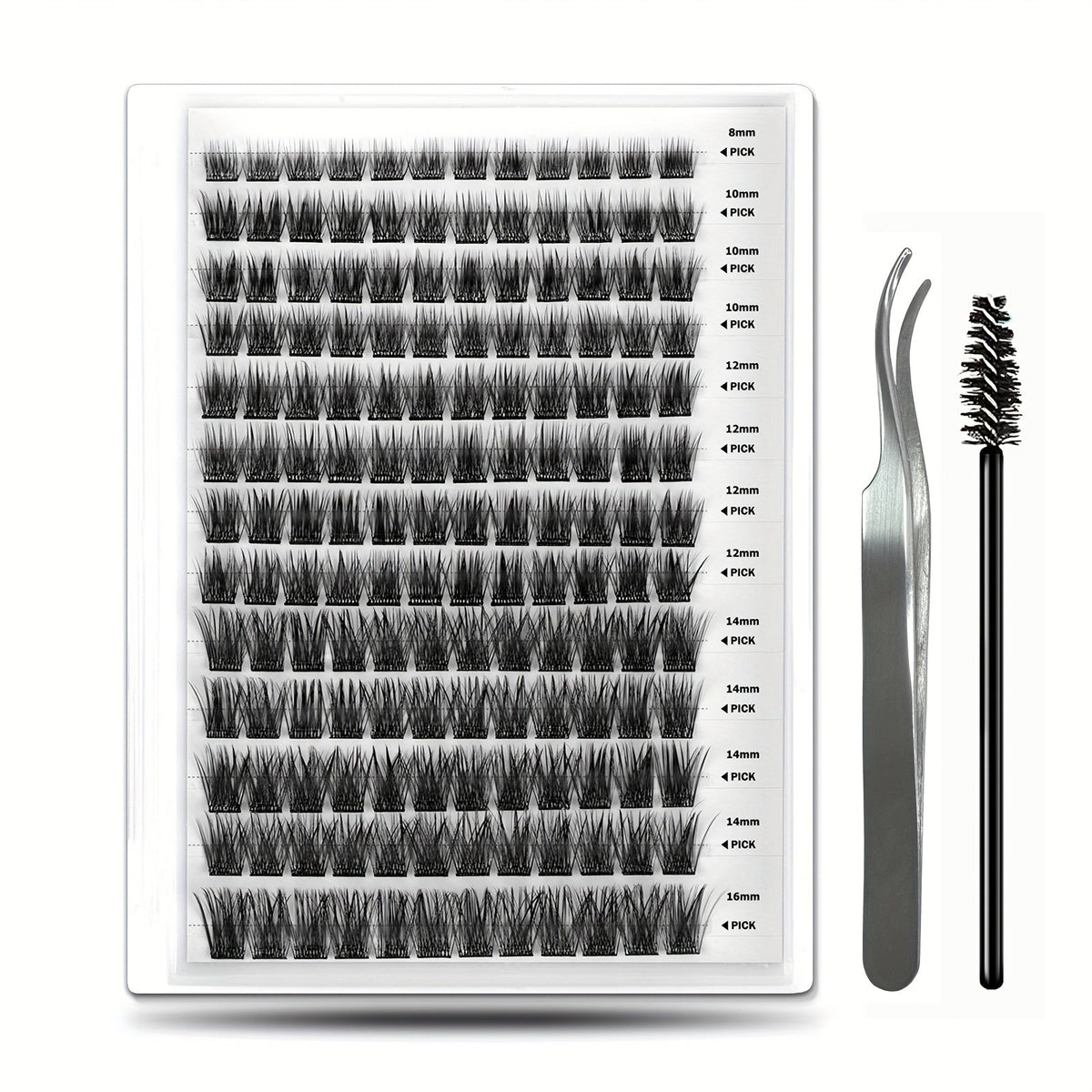 156-Piece Mixed Self-Adhesive Lash Cluster Tray with Black Tweezers and Spoolie Brush in Mixed Style — image 1